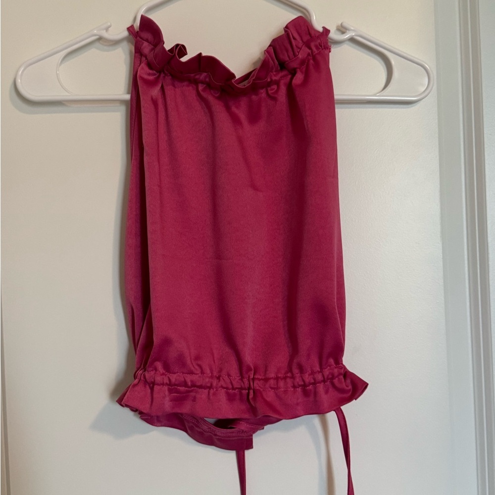Ruffle Satin Open Back Toe Halter Top - Picture 4 of 14